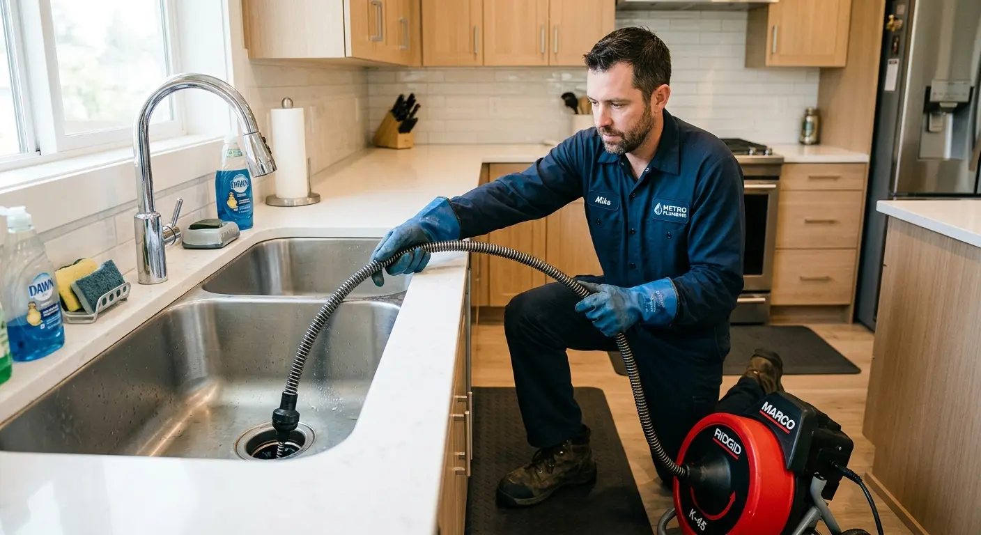 Drain cleaning technician using a motorized snake on a kitchen sink in Southbridge Town