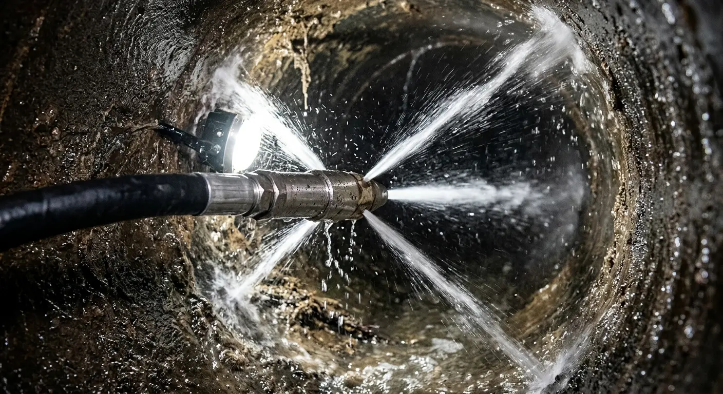 High-pressure hydro jetting nozzle cleaning sewer pipe for Trenchless Sewer Repair in Southbridge Town