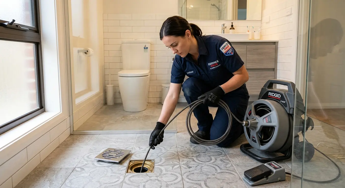 Technician clearing a bathroom floor drain for Sewer Line Replacement in Southbridge Town